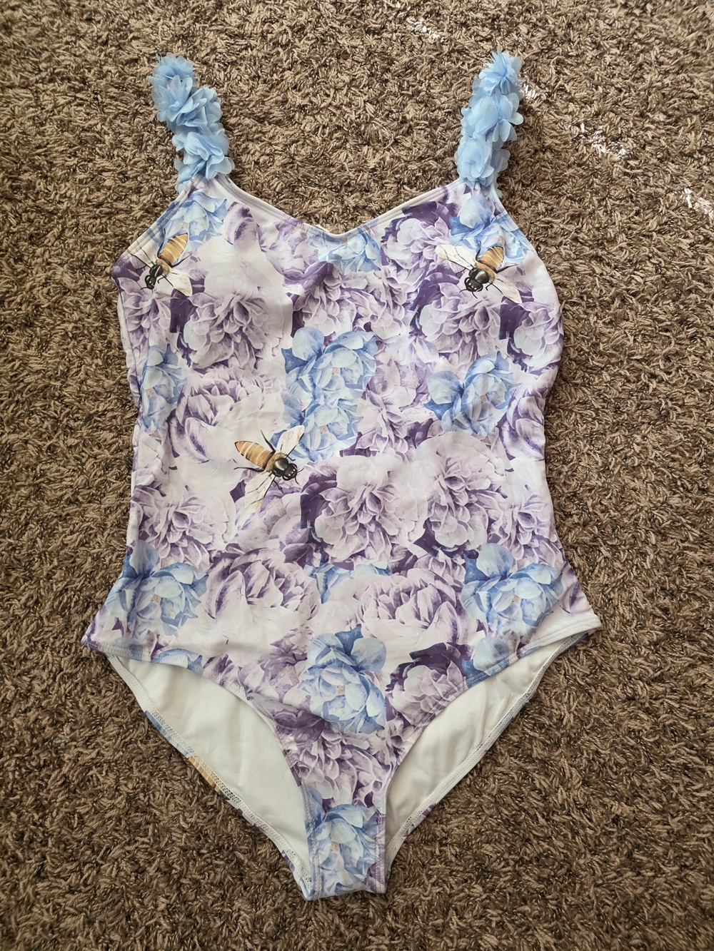 Floral Bee Print One-Piece Swimsuit in Lavender and Light Blue